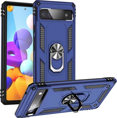 Produktbild von Google Pixel 6A Hülle, Dual Layer Robust Militäre Schutzhülle mit Ringhalterung Ständer für Google Pixel 6A Blau