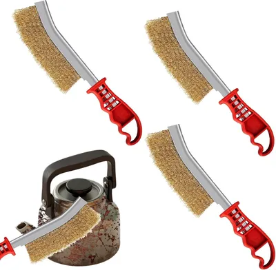 Produktbild von 3-teiliges Grillbürsten-Set - Messing Handbürsten-Set - Edelstahlbürste mit gebogenem Kunststoffgriff zum Reinigen von Farbe und Rostresten