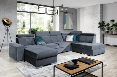 Produktbild von Wohnlandschaft Schlafsofa NOLAN inkl. USB Stoff Monolith Blaugrau Ottomane Links
