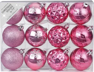 Produktbild von Weihnachtskugeln Kunststoff mit Muster Mix 6cm pink, 12er Set