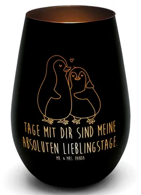 Produktbild von Mr. & Mrs. Panda Teelichthalter Pinguin umarmen - Schwarz - Geschenk, Glas Windlicht, Hochzeitstag, Kerzenhalter, Liebe, Laterne, Hochzeit, Kerzenglas