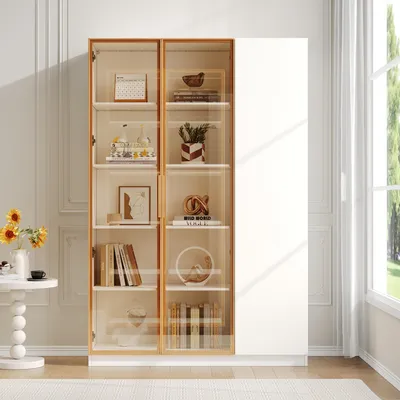 Produktbild von Flieks Glasvitrine mit LED-Beleuchtung, Sammlerschrank mit verstellbaren Einlegeböden und Kippschutz, Hochschrank mit Stauraum, Weiß, 165cm