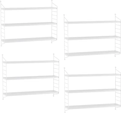 Four identical white modular shelving units arranged in a grid.