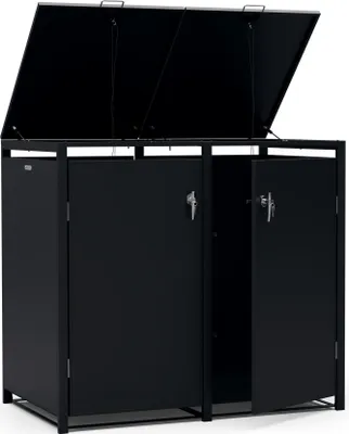 Image de Blumfeldt BinSafe cache poubelle extérieur – acier galvanisé résistant, pour 2 bacs 60 L/120 L/240 L, femeture à clé, design moderne, abri à poubelle noir