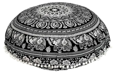 Produktbild von Rundes Bodensitzkissen im ethnischen Stil 80x80 cm mit Mandala-Muster in Schwarz