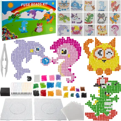 A collage of fuse beads, pegboards, and examples of finished bead art, along with the product packaging.