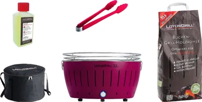 A flat lay of a barbecue set including a grill, charcoal, tongs, cleaning fluid, and a carrying bag.
