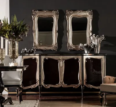 Produktbild von Casa Padrino Luxus Barock Möbel Set Schwarz / Silber - 1 Barock Sideboard & 2 Barock Wandspiegel - Barock Möbel - Edel & Prunkvoll