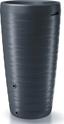 A tall, cylindrical, dark gray rain barrel with a textured, wavy surface.
