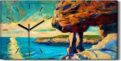 Produktbild von Wandbild Leinwand Bilder mit Uhr 60x30 Kunst Sonnenuntergang Meeresufer - schwarze Hände