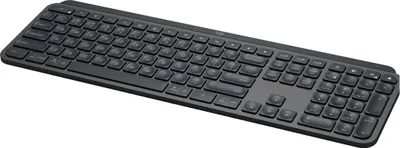 A black wireless keyboard is shown from a slightly elevated side angle against a white background.