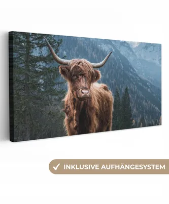 Produktbild von MuchoWow® - Leinwandbilder - Schottische Highlander - Berg - Landschaft - Bäume - Kuh - Natur, Wandbild, Wanddeko Bilder Wohnzimmer, 80x40 cm