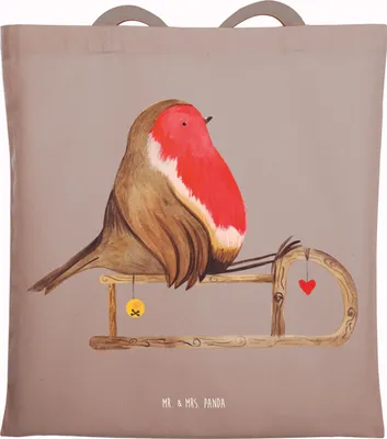 Produktbild von Mr. & Mrs. Panda totebag Rotkehlchen Schlitten - Braun Pastell - Geschenk, Vogel, Tote Bag, Weihnachten, Beutel, Stoffbeutel, Shopping Tasche, Laptoptasche