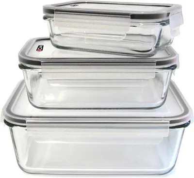 Immagine prodotto di Set di 3 contenitori in vetro con coperchio ermetico – Adatti per forno, microonde, congelatore e lavastoviglie – 22 x 17 x 9 cm