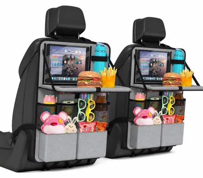 Immagine prodotto di Organizzatore per auto con tavolino pieghevole, set da 2, coprisedili per bambini, 12 scomparti portaoggetti, impermeabile, colore grigio