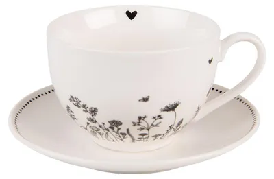 Zdjęcie produktu dla Clayre & Eef Filiżanka ze spodkiem 200 ml Beżowo-czarna Porcelana w kwiaty
