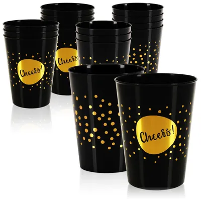 16er-Set wiederverwendbare Trinkbecher, 280 ml, schwarz/gold