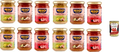 Produktbild von Rio Mare Pesto al Tonno testpaket, Thunfischpesto kochsauce mit Mandeln und Pecorino - mit Pistazien und Zitrone - mit schwarzen Oliven und Chili 12x 130g + Italian Gourmet polpa 400g