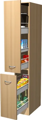 A tall, narrow kitchen cabinet with its doors open, revealing shelves filled with various food items and bottles.