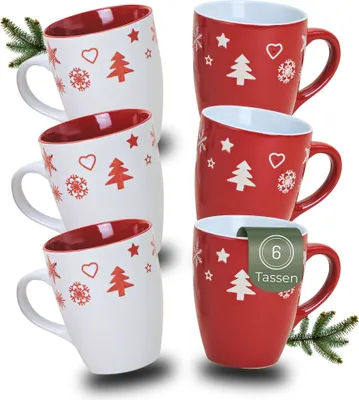 Produktbild von Weihnachtstassen 6er Set Weihnachtsmotiven in rot weiß