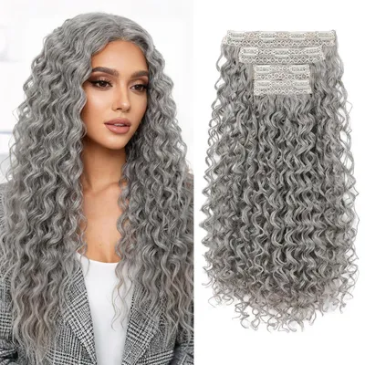 Obrázek produktu pro Clip-in prodlužovací vlasy, 4 kusy, 50 cm, vlnité, šedé, vyrobené z proteinové hedvábí