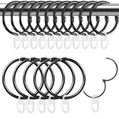 Image de 15 anneaux de rideaux de 50 mm avec 30 crochets de rideaux en plastique, anneaux de rideaux en métal, crochets de rideaux pour anneaux, anneaux de rideaux, anneaux de rideaux pour tringles, rideaux et tringles à rideaux (noir)