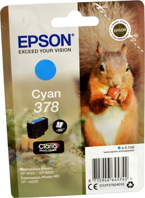 Produktbild von Epson Squirrel Singlepack Cyan 378 Claria Photo HD Ink, Standardertrag, Cyan, 4,1 ml, 1 Stück(e), 360 Seiten, Einzelpackung