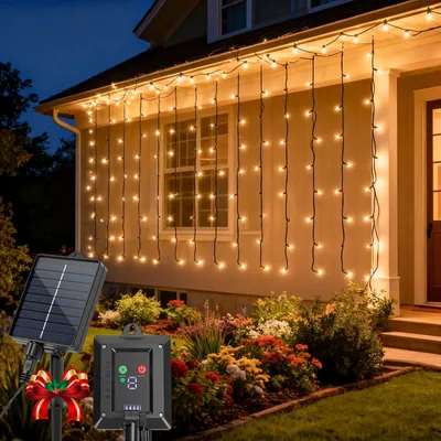 Solar Lichtgordijn 1x1m 100 LED, 8 Modi, IP65, Warmweiß