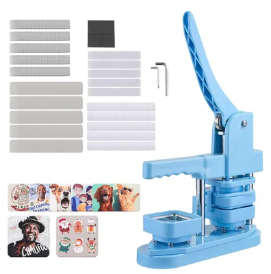 Zdjęcie produktu dla Guzikarka VEVOR, dziurkacz do odznak 50 x 50 mm kwadratowych, urządzenie do tworzenia przypinek z blaszanymi osłonami przednimi i magnetycznymi grzbietami oraz ergonomicznym uchwytem, niebieska prasa do odznak DIY