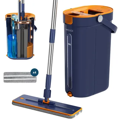 Flachwischmopp mit Schmutzwassertrennung, marineblau, 4 Mikrofasern