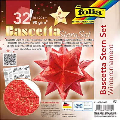 Produktbild von folia Faltblätter Bascetta-Stern 200 x 200 mm 90 g/qm 32 Blatt rot bedruckt