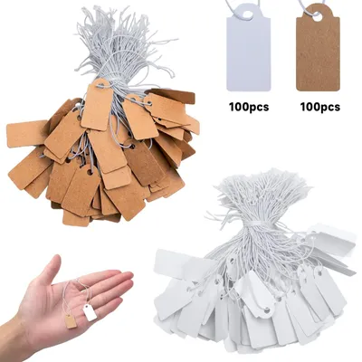 Produktbild von Preisetiketten mit Band Preisanhänger Etiketten - 26 x 13 mm - Weiß und Braun - 200 Stück