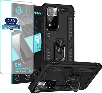 A black phone case with a ring holder and a screen protector are displayed.