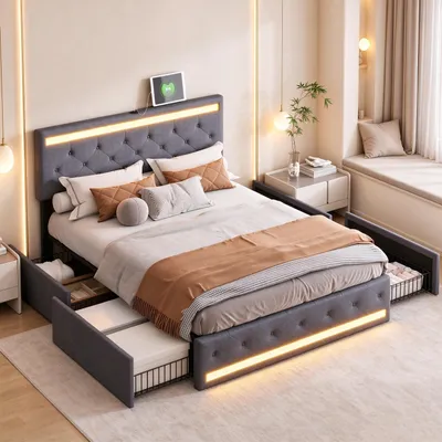 Immagine prodotto di Letto imbottito INONEFT, 160x200 cm, con testiera regolabile in altezza, letto matrimoniale con rete a doghe e 4 cassetti, dotato di illuminazione LED e presa USB, rivestito in lino, colore grigio