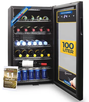 Produktbild von Sommertal Kühlschrank GK 100– Leiser Getränkekühlschrank mit LED, Touchscreen & Schloss kleiner Flaschenkühlschrank schwarz 100L
