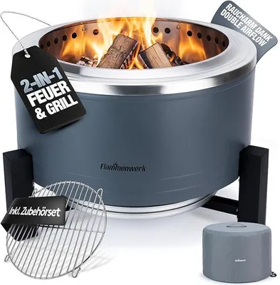 Image de Brasero sans fumée en acier inoxydable, diamètre 56 cm. Doté d'un brûleur turbo. Brasero 2-en-1 avec grille de barbecue, idéal pour le jardin, le camping et la terrasse. Tonneau et panier à feu pour bois et pellets, sans fumée