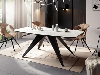Obrázek produktu pro Rozkládací jídelní stůl v loftovém stylu - Industriální stůl v bílém mramorovém vzhledu s černými kovovými nohami - Moderní design do obývacího pokoje - 180 cm Rozkládací na 220 cm - Mramor bílý