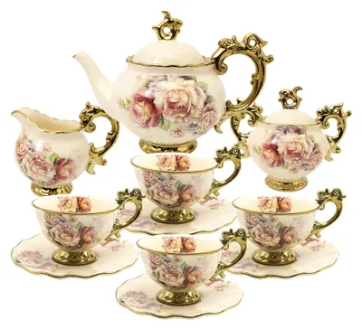 Porzellan-Teaset, 15-tlg., Gold, Blumenmuster, 1125 ml Teekanne
