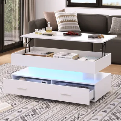 A modern white coffee table with lift-top and LED lighting is shown in a living room setting.