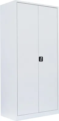 A white metal storage cabinet with two doors and a single black handle.