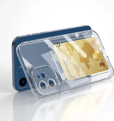 A transparent phone case with a credit card slot is shown on a blue smartphone.