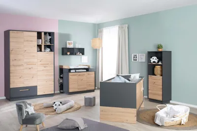 Produktbild von roba Kinderzimmerset 'Lenn' 3-teilig - Kombi-Kinderbett 70x140 + Wickelkommode breit + Kleiderschrank 3-türig - Anthrazit - Nachbildung 'Artisan Eiche'