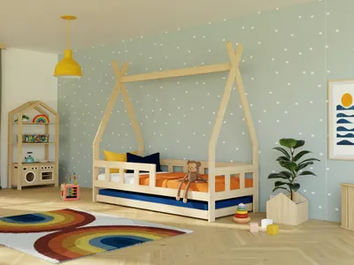 Produktbild von Kinder-Tipi-Bett FENCE 4-in-1 aus Holz mit Barriere und Ausziehbett 90x200 cm Marineblau, Mit einer Barriere