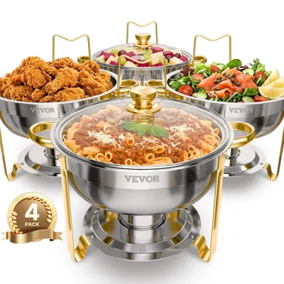 Produktbild von VEVOR Chafing Dish Buffet Speisenwärmer mit 4 Behältern in voller Größe (4,7 L), runder Catering-Wärmespender mit Glasdeckel & Wasserpfanne & klappbarer Ständer, für Hochzeiten Buffet Gold