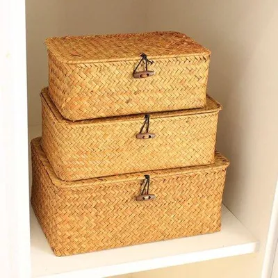 Image de Boîtes de rangement en rotin avec couvercle, lot de 3, couleur naturelle