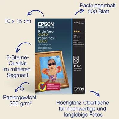 Produktbild von Epson Glossy Photo Paper (100 x 150 mm), 200 g/m2, 500 Blatt, Glanz, 200 g/m², 10x15 cm, Kalender, Cards and gift wraps, Daily use, Masks and party, Office printing, Photo collage, Photo..., 500 Blätter, - WorkForce WF-7610DWF - WorkForce WF-7110DTW - WorkForce WF-3620DWF - WorkForce WF-2750DWF -...