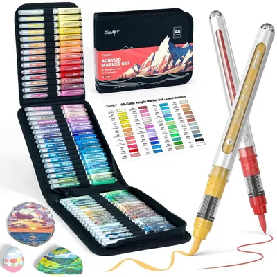 Immagine prodotto di Pennarelli acrilici a base d'acqua, 48 colori, con custodia in tela – Ideali per dipingere su pietra, legno, tessuto, vetro e per progetti fai-da-te
