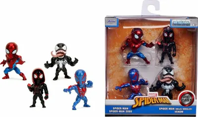 A set of four Spider-Man themed die-cast mini-figures in packaging, with an additional figure shown separately.
