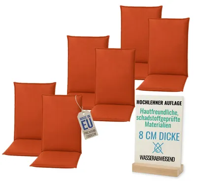 Produktbild von Pillows24 - 6x Hochlehner Auflagen 120x50x8 cm | Bequeme & Wetterfeste Gartenstuhlauflagen | Polster Sitzkissen für Gartenmöbel |  EU | Orange