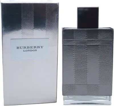 A product shot of a Burberry London perfume bottle and its packaging.